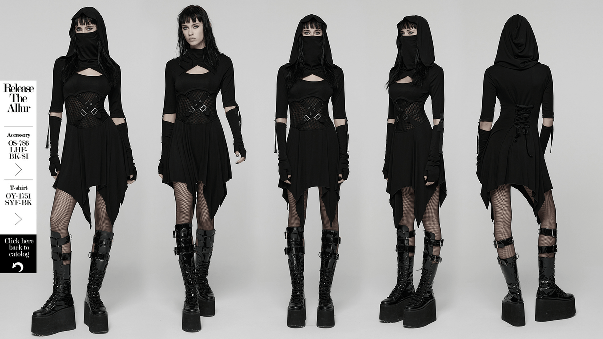 Female Hooded Black Dress with Mesh Waist and Straps - image 14