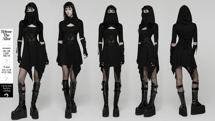 Female Hooded Black Dress with Mesh Waist and Straps - image 14