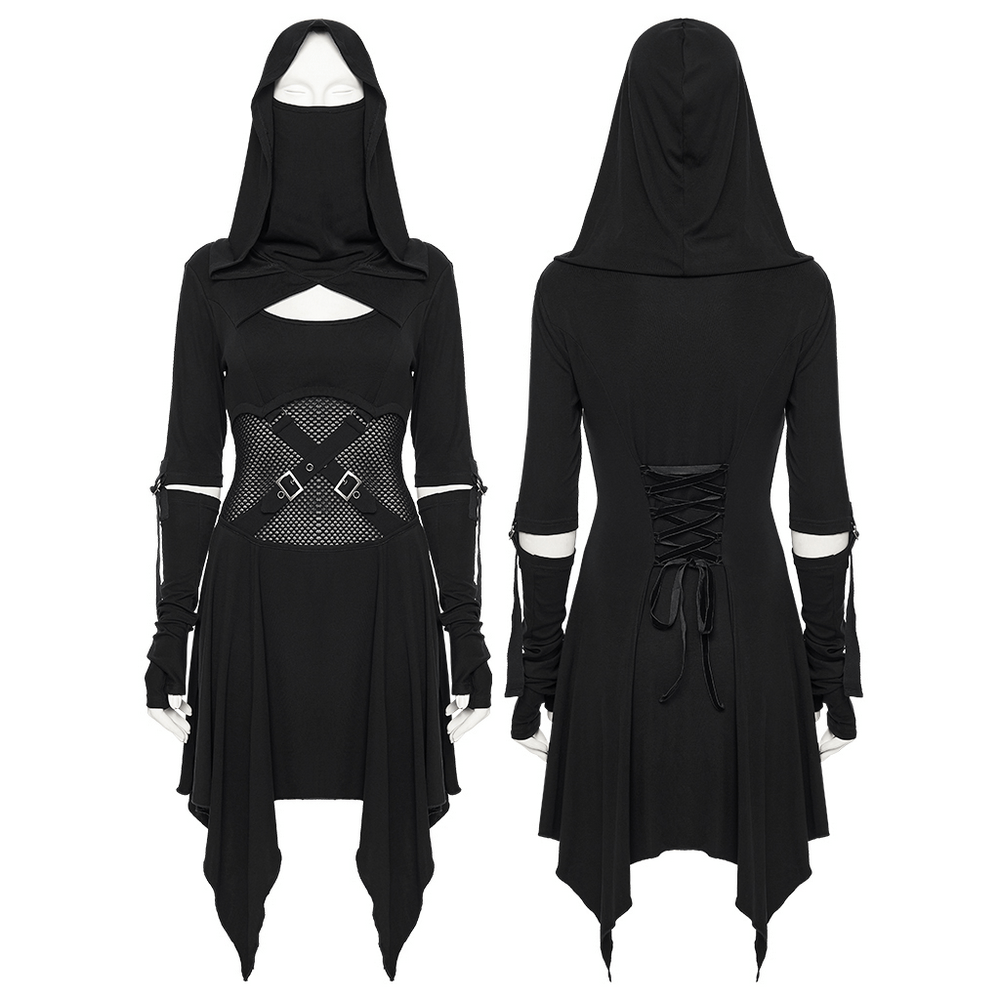 Female Hooded Black Dress with Mesh Waist and Straps - image 3