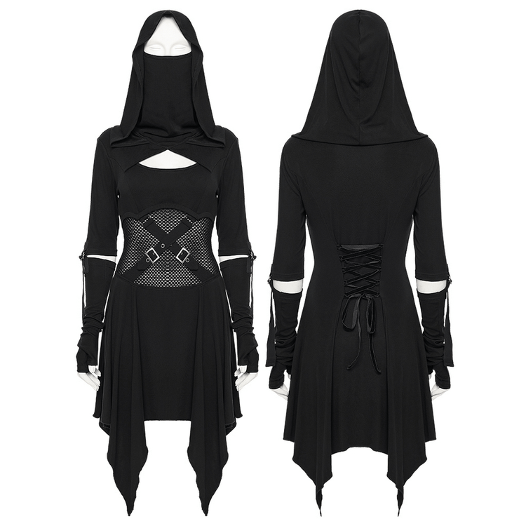 Female Hooded Black Dress with Mesh Waist and Straps - image 3
