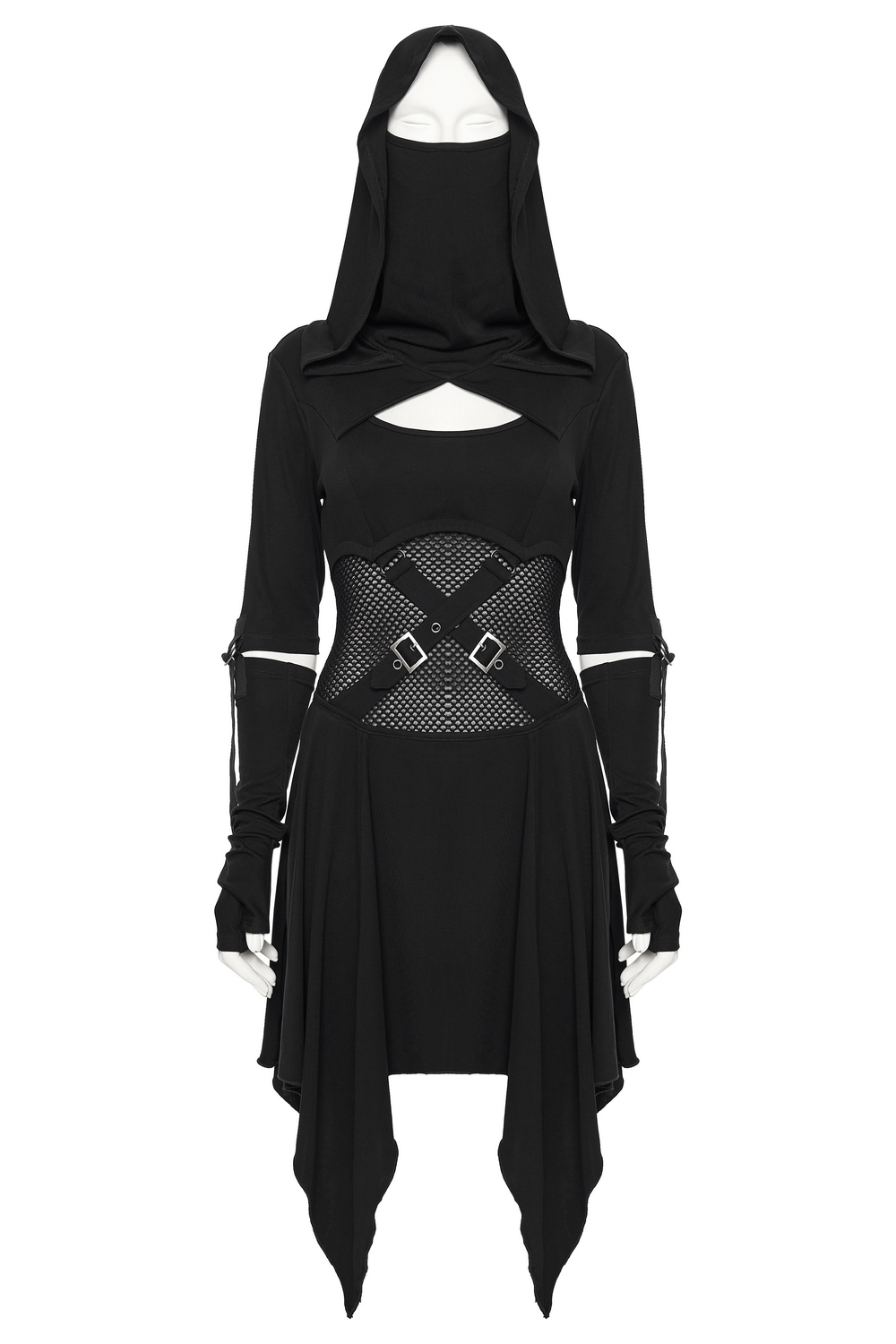Female Hooded Black Dress with Mesh Waist and Straps - image 4