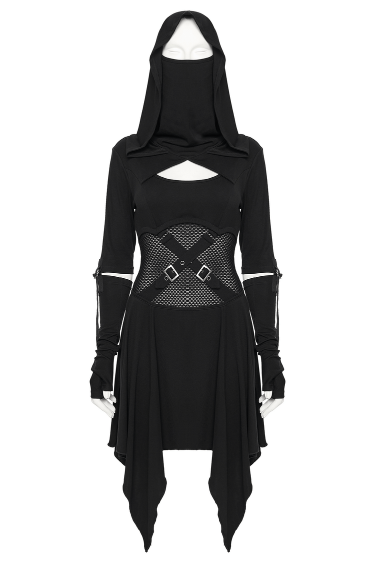 Female Hooded Black Dress with Mesh Waist and Straps - image 4