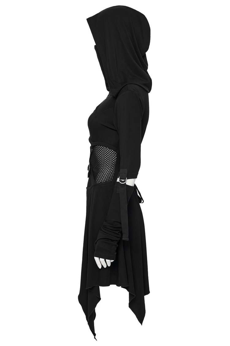 Female Hooded Black Dress with Mesh Waist and Straps - image 5