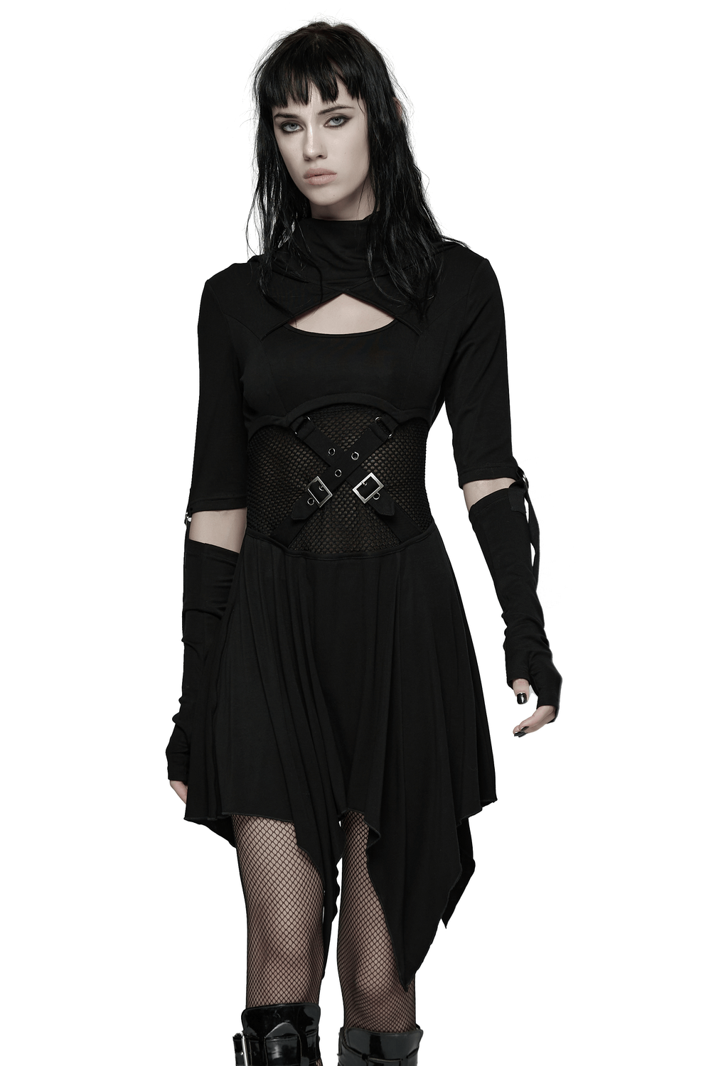 Female Hooded Black Dress with Mesh Waist and Straps - image 1
