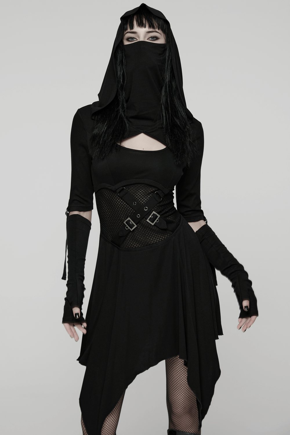 Female Hooded Black Dress with Mesh Waist and Straps - image 11