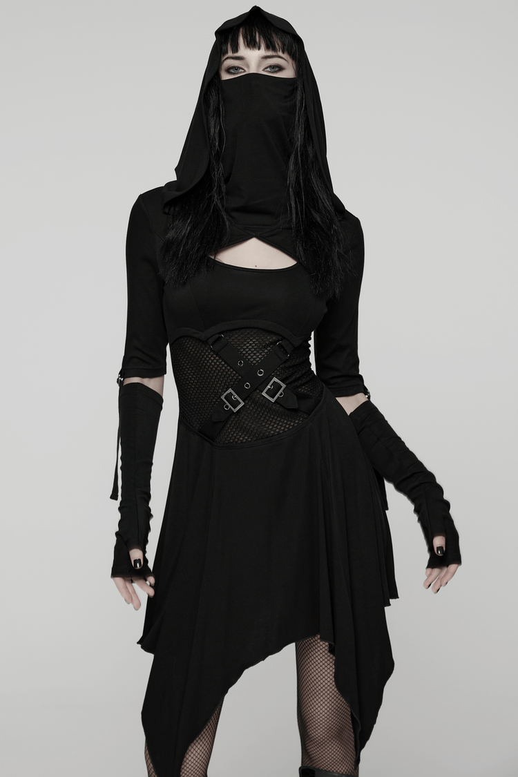 Female Hooded Black Dress with Mesh Waist and Straps - image 11
