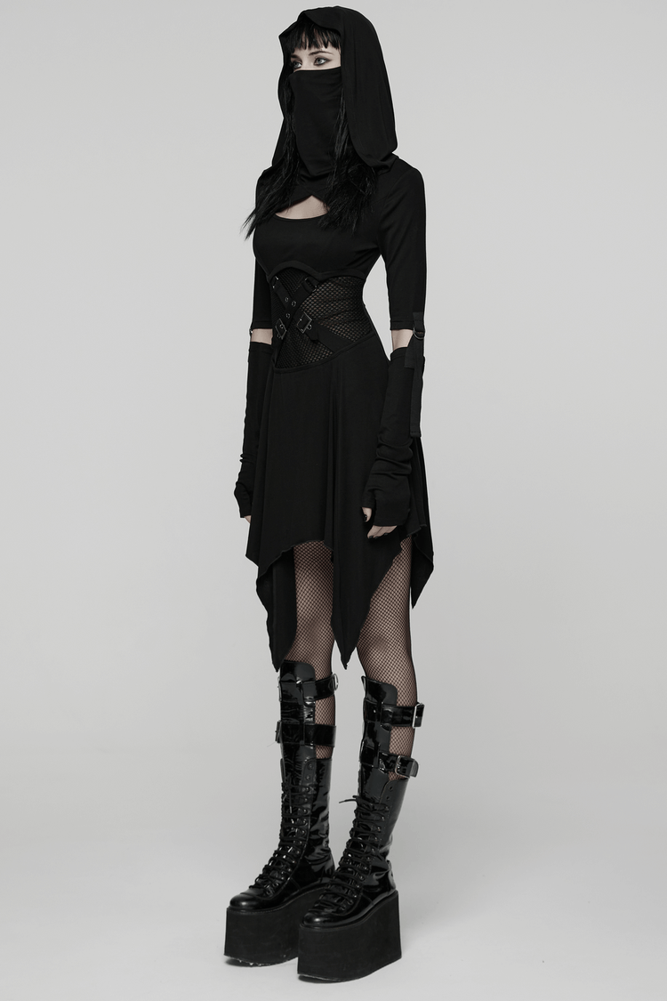 Female Hooded Black Dress with Mesh Waist and Straps - image 12