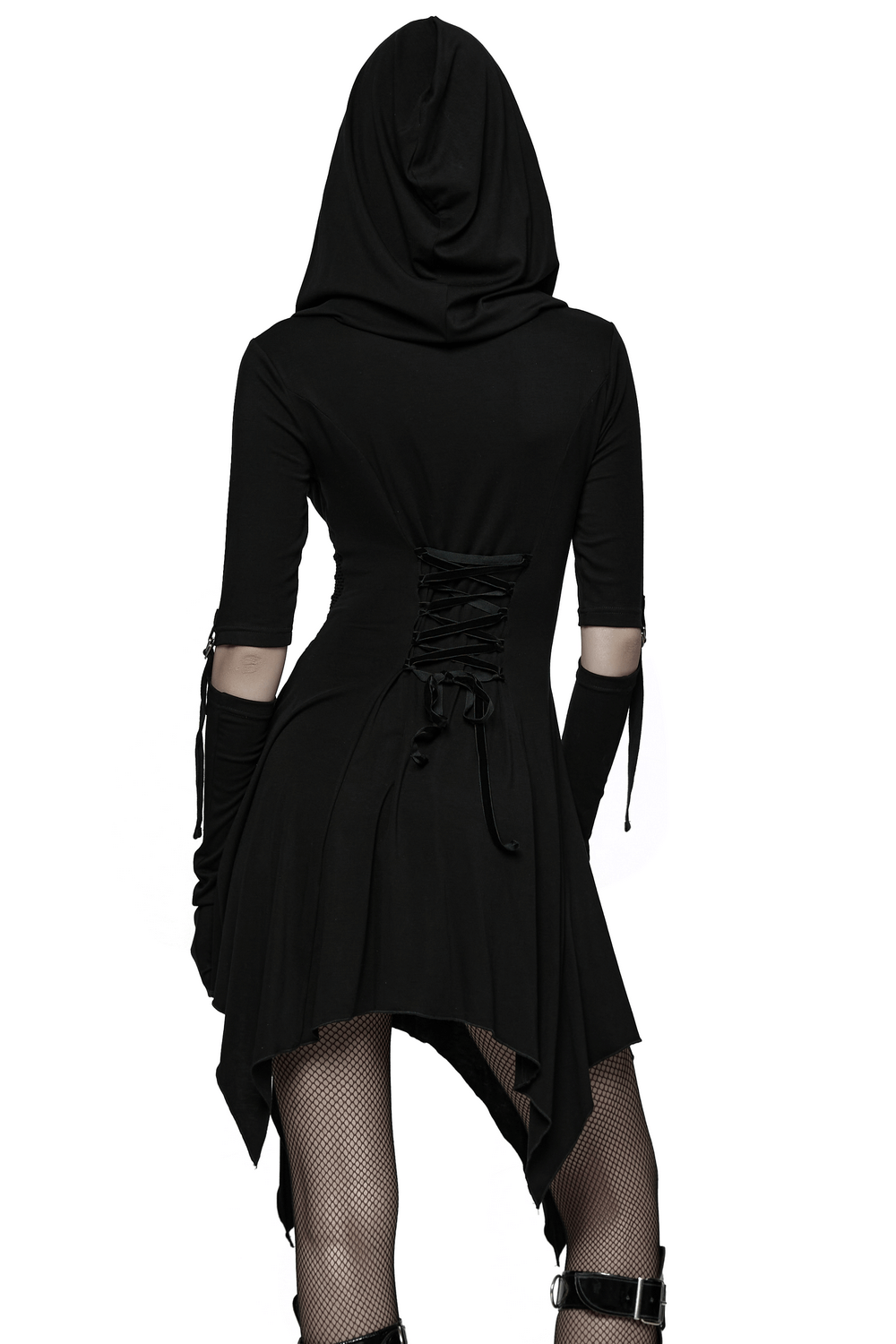 Female Hooded Black Dress with Mesh Waist and Straps - image 2
