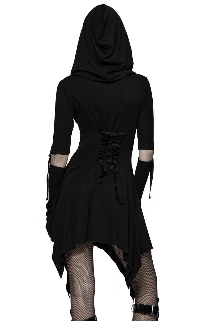 Female Hooded Black Dress with Mesh Waist and Straps - image 2