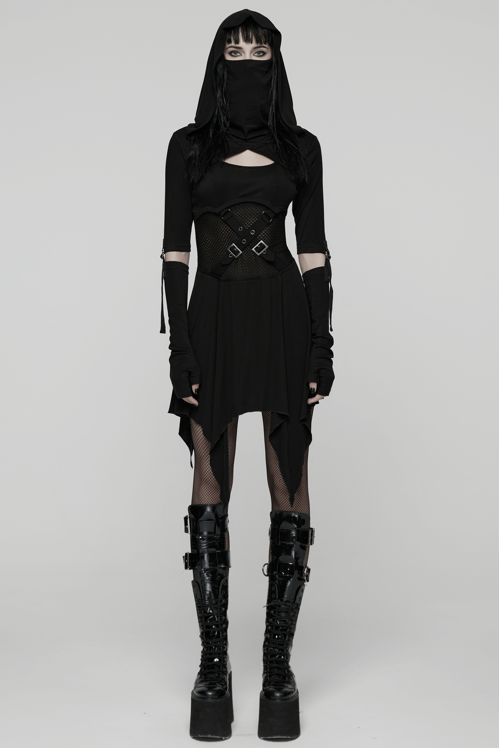 Female Hooded Black Dress with Mesh Waist and Straps - image 13