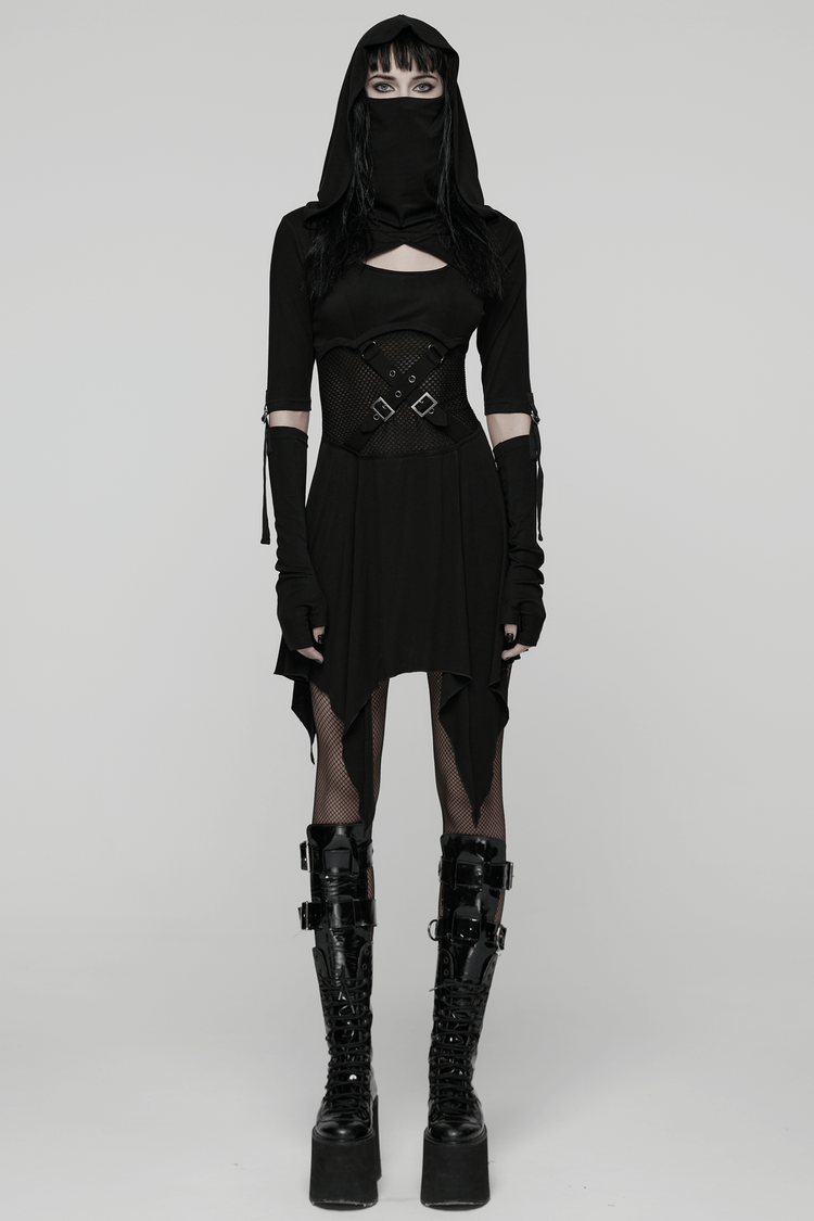 Female Hooded Black Dress with Mesh Waist and Straps - image 13