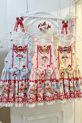 [Strawberry Cake Kitty] Sleeveless Printed Bow Lace Sweet Lolita Strap Dress 3 Colors - Product - 3