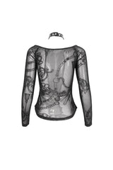 Black Stretch Knit Stitching Flocking Printed Neck Collar Tie Rope Off-Shoulder Women's Punk T-Shirt - Product - 9