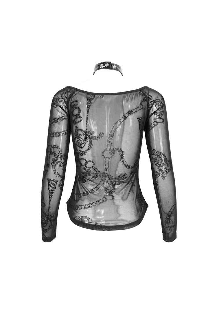Black Stretch Knit Stitching Flocking Printed Neck Collar Tie Rope Off-Shoulder Women's Punk T-Shirt - Product - 9