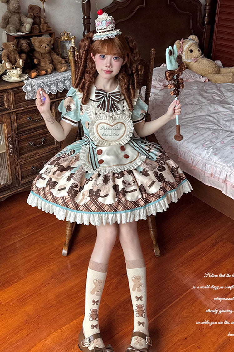 Brown [Peppermint Chocolate] Chocolate Cake Bear Print Ruffle Bowknot Lace-Up Sweet Lolita Dress - Product - 10
