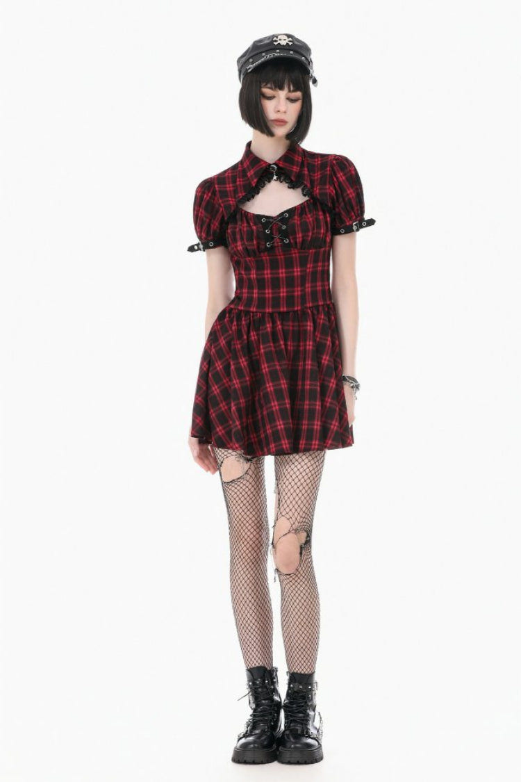 Black/Red Plaid Turn-Down Collar Cut-Out Short Sleeves Lace-Up Women's Punk Retro Mini Dress - Product - 7