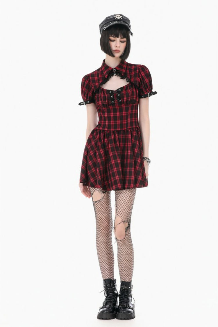 Black/Red Plaid Turn-Down Collar Cut-Out Short Sleeves Lace-Up Women's Punk Retro Mini Dress - Product - 7