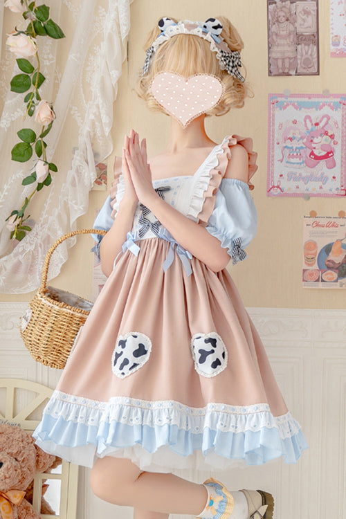 Apricot Pastoral Girl Ruffled Sling Short Sleeves High Waisted Sweet Lolita OP Dress - Product - 5