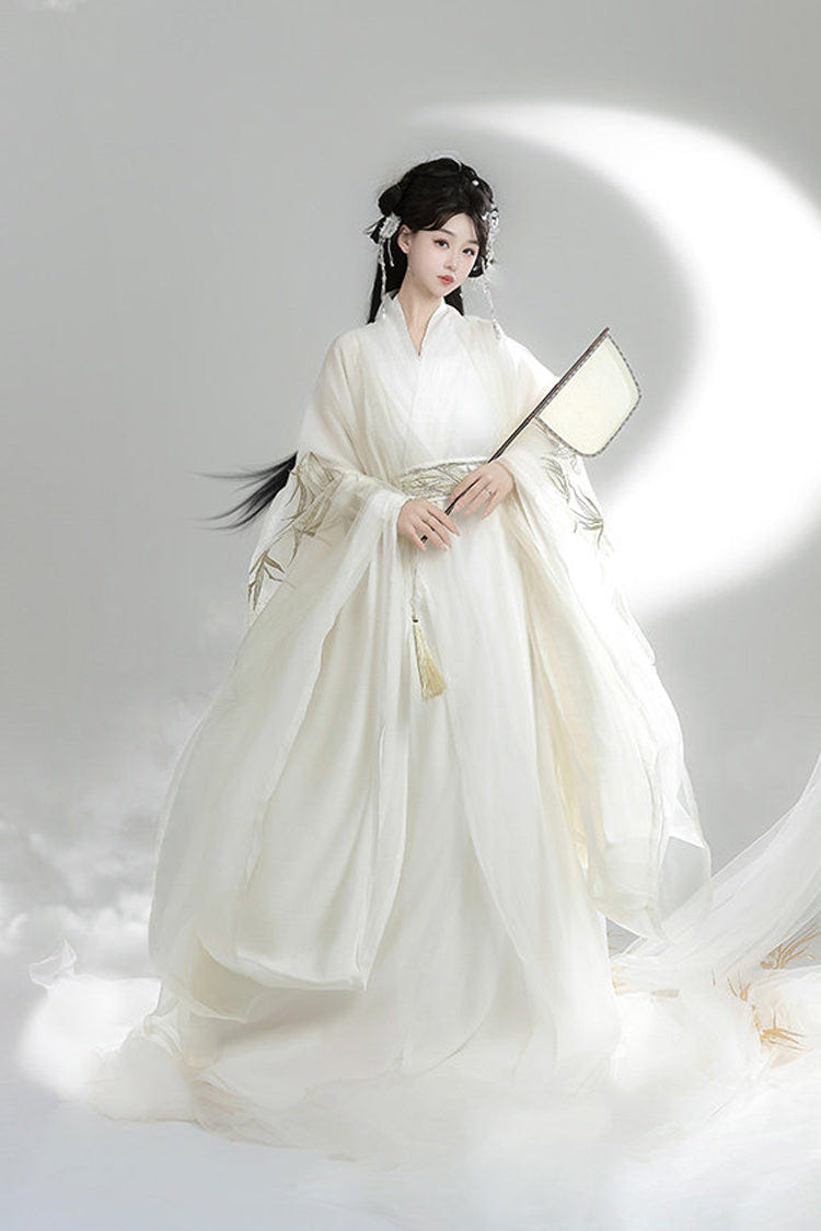 White [Bamboo Leaves] V Collar Trumpet Sleeves High Waisted Embroidered Women's Classic Hanfu Dress Set - Product - 3