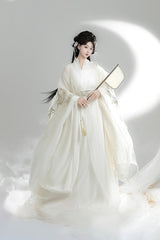 White [Bamboo Leaves] V Collar Trumpet Sleeves High Waisted Embroidered Women's Classic Hanfu Dress Set - Product - 3