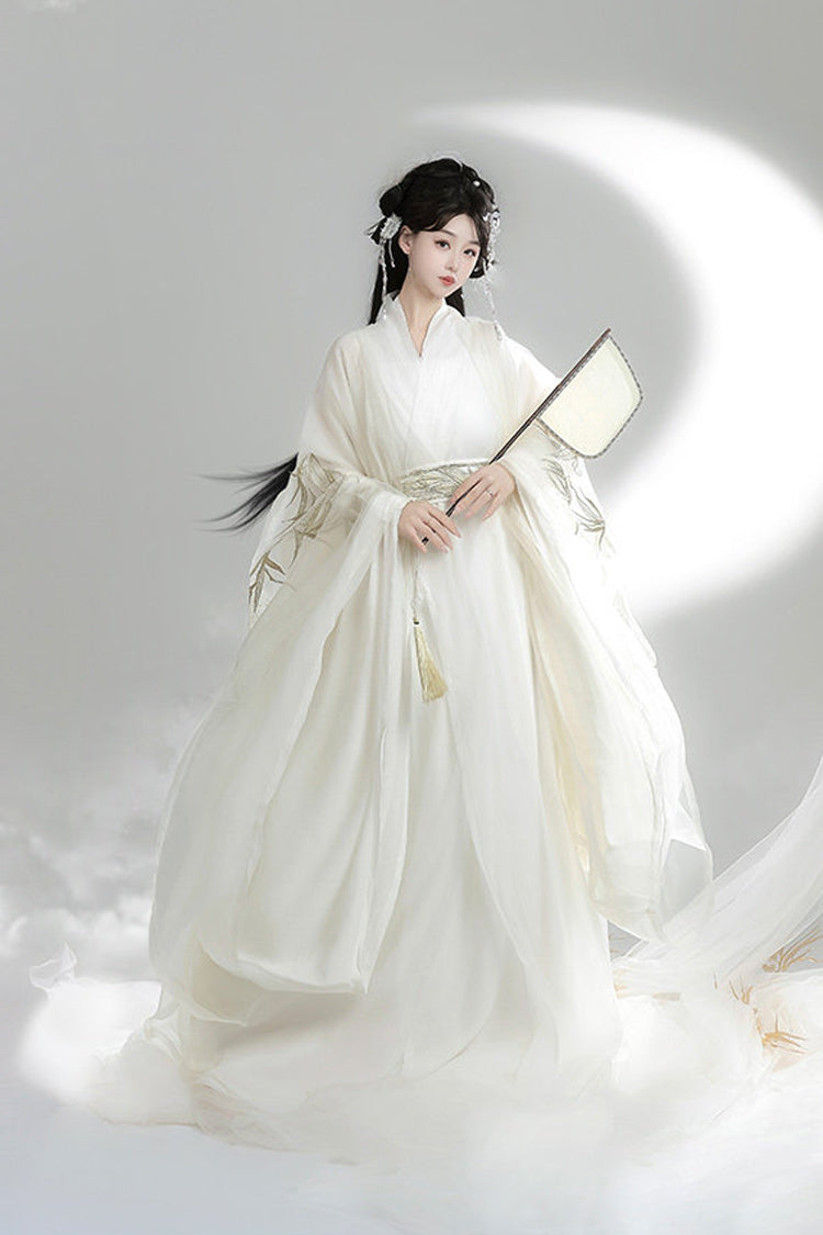 White [Bamboo Leaves] V Collar Trumpet Sleeves High Waisted Embroidered Women's Classic Hanfu Dress Set - Product - 3