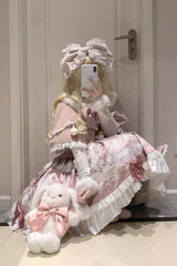 Pink [Cat Dessert House] Print Ruffle Bowknot Sweet Lolita Jsk Dress Set - Product - 2