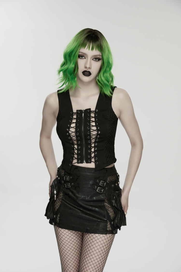 Black Off Shoulder Sleeveless Cut-Out Lace-Up Irregular Women's Punk Cool Vest - Black - 1