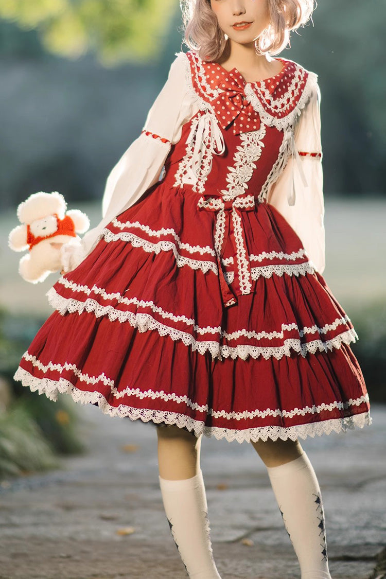 Red/White Three-section Cake Sleeveless Ribbon Sweet Lolita Tiered Dress - Red/White - 1