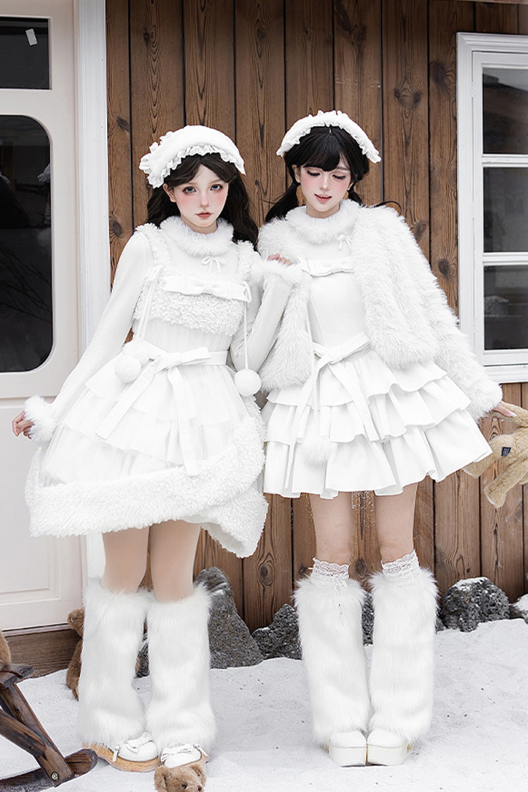 [White Chocolate] Triple-Layered Ruffle Bowknot Sweet Lolita Jsk Dress Set - White - 1