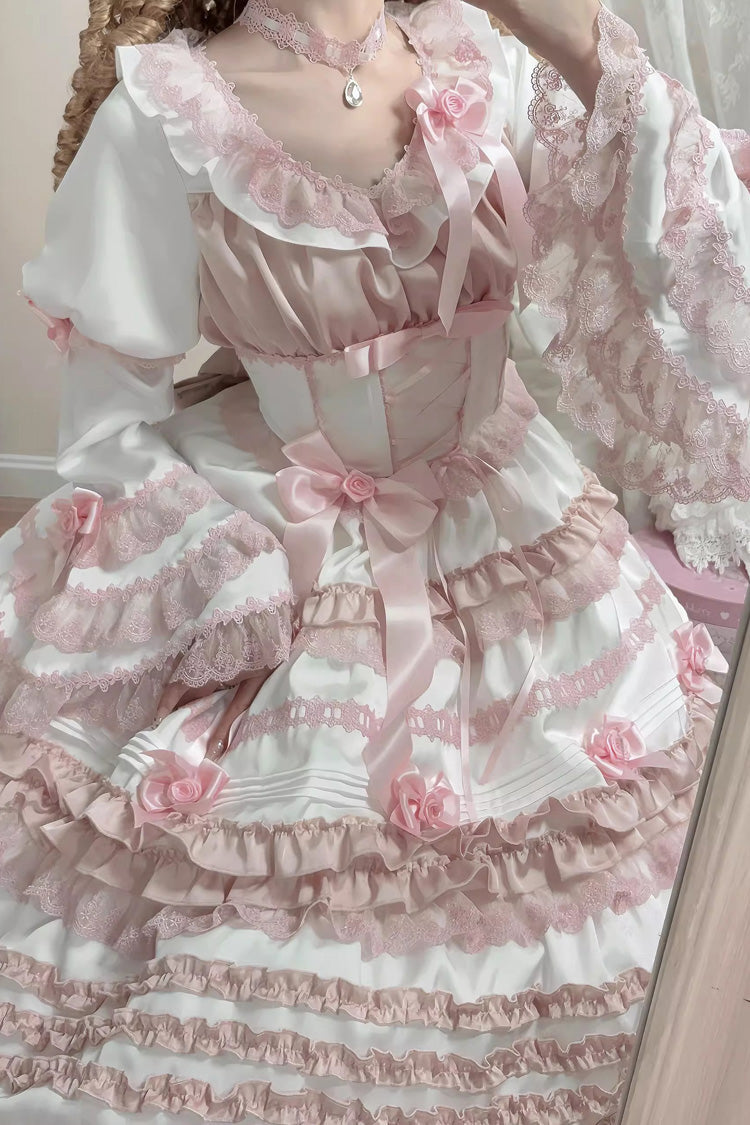 White/Pink [Layered Peach Ice] Short Sleeves Ruffle Bowknot Lace Sweet Lolita Dress - Product - 6