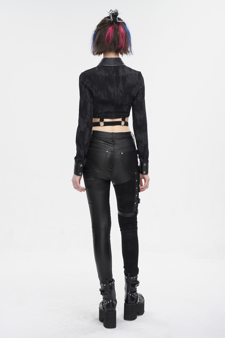 Black Turn Down Collar Cutout Long Sleeves Studded Women's Punk Shirt - Product - 6