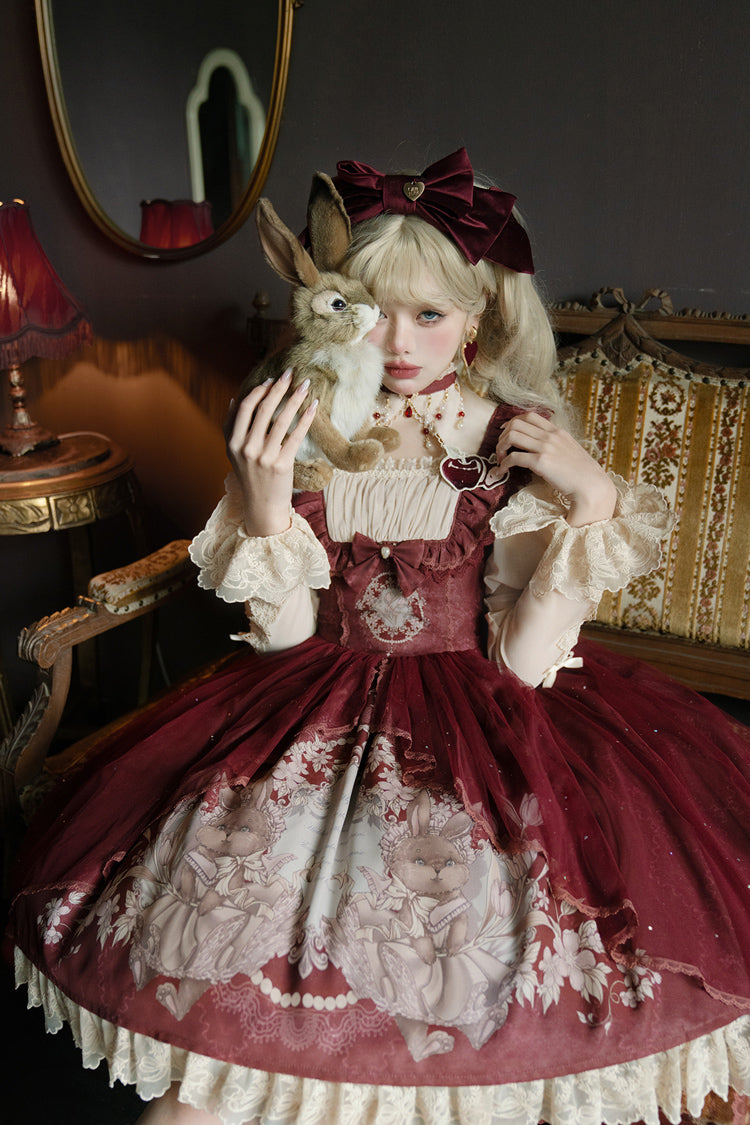 Red Bunny Tea Party Print Ruffle Bowknot Sweet Lolita Jsk Dress - Product - 6