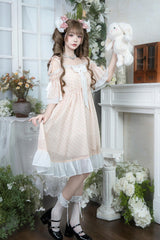 Pink Off Shoulder Short Sleeves Polka Dots Printed Ruffled Bow Lace Sweet Elegant Palace Lolita Dress - Pink - 1