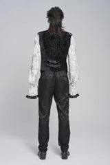 Black Stand Collar Sleeveless Jacquard Embroidered Buckled Pleated Men's Gothic Vest - Product - 8