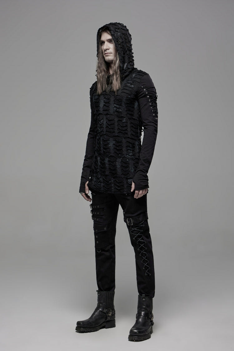 Black Long Sleeves Lace-Up Hooded Ripped Pleated Men's Gothic Cool T-Shirt - Product - 2