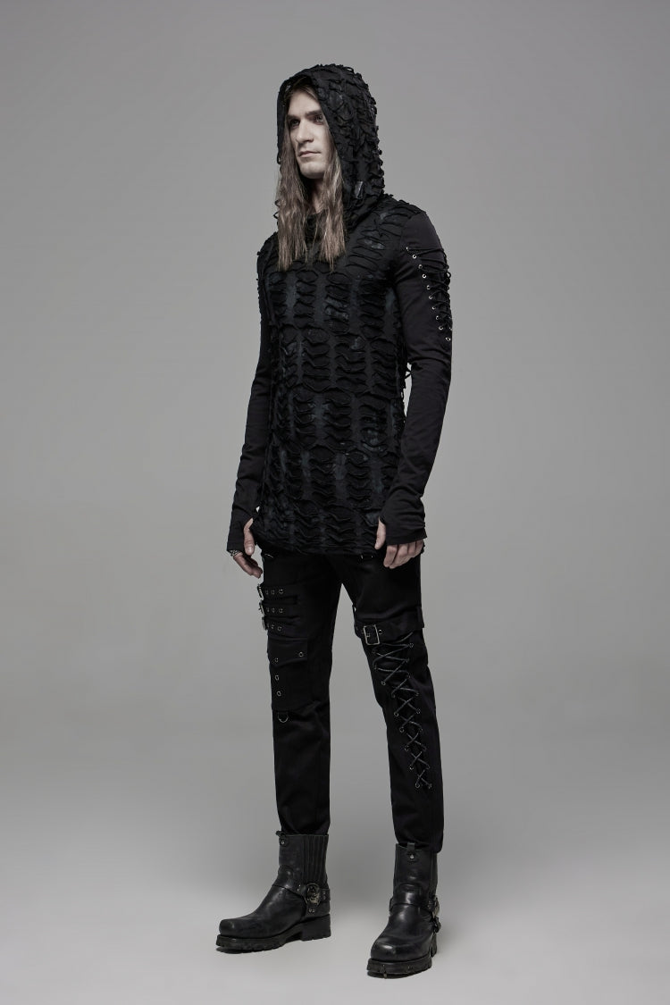 Black Long Sleeves Lace-Up Hooded Ripped Pleated Men's Gothic Cool T-Shirt - Product - 2