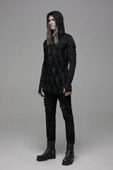 Black Long Sleeves Lace-Up Hooded Ripped Pleated Men's Gothic Cool T-Shirt - Product - 2