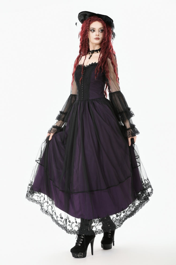 Purple Sheer Lace Square-Cut Collar Double-Layered Long Flared Sleeves  Lace-Up Women's Gothic Maxi Dress - Product - 10