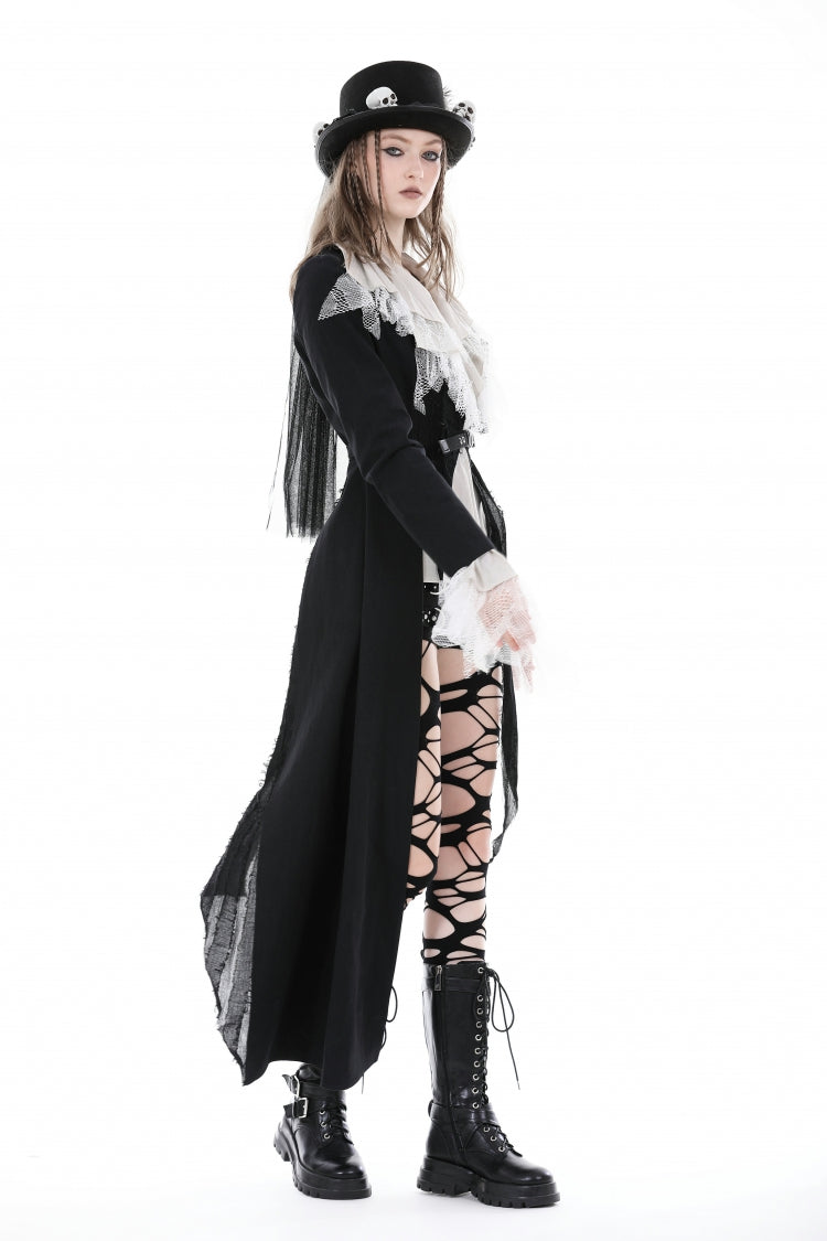 Black Peak Lapel Collar Long Sleeves Irregular Distressed Women's Gothic Punk Coat with Belt - Product - 2