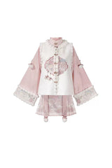 White/Pink [Miracle Pony] Round Collar Long Sleeves High Waisted Printed Women's Sweet Hanfu Dress Set - Product - 9
