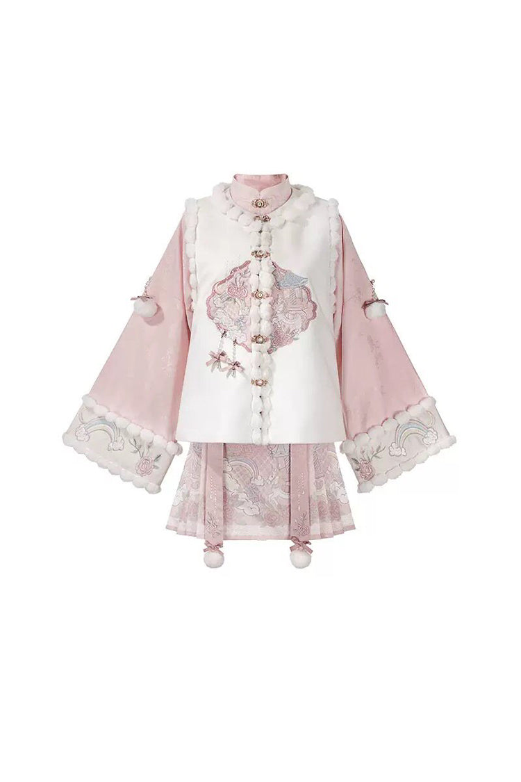 White/Pink [Miracle Pony] Round Collar Long Sleeves High Waisted Printed Women's Sweet Hanfu Dress Set - Product - 9
