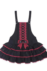 Black/Red [Showa Cake] Sleeveless Triple-Layered Ruffled Bow Lace-Up Witch Gothic Lolita Jsk Dress - Product - 3