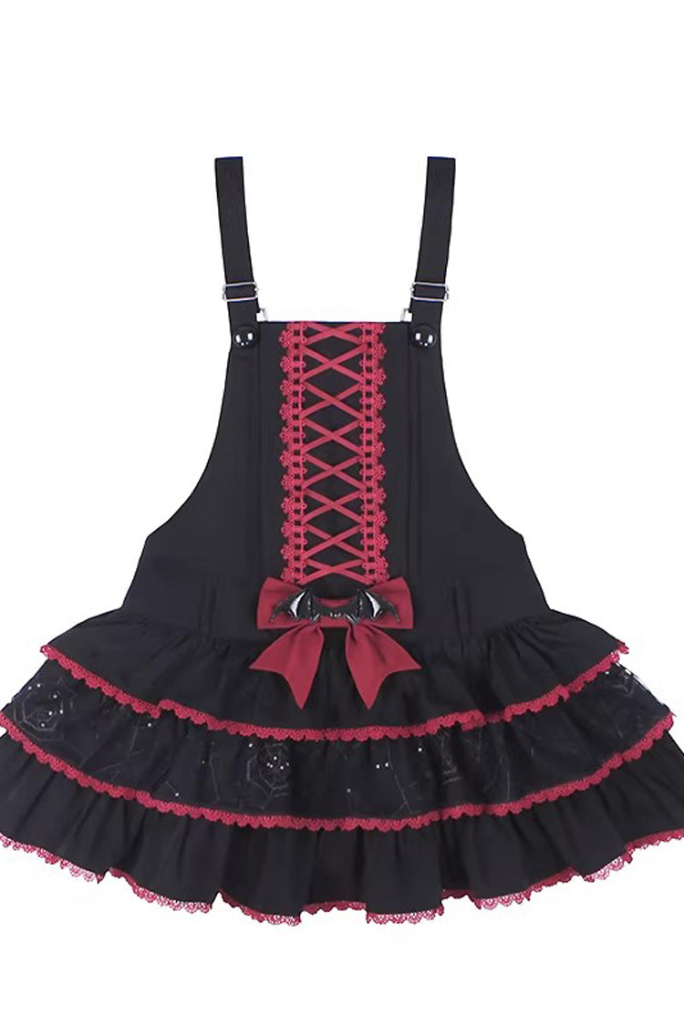 Black/Red [Showa Cake] Sleeveless Triple-Layered Ruffled Bow Lace-Up Witch Gothic Lolita Jsk Dress - Product - 3