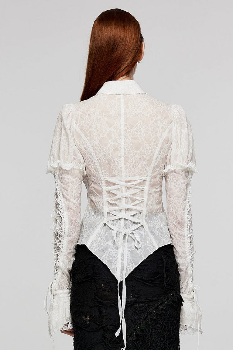 Women's Lapel Collar Long Sleeves Print Stitching Lace Gothic Blouse 2 Colors - Product - 12