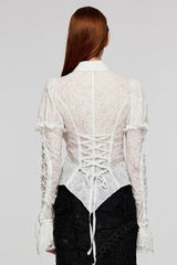 Women's Lapel Collar Long Sleeves Print Stitching Lace Gothic Blouse 2 Colors - Product - 12