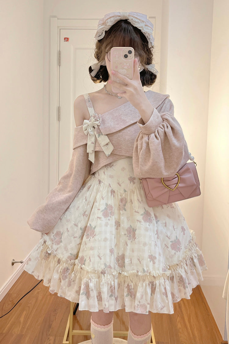 Pink Oblique Shoulder Print Ruffle Bowknot Lace Sweet Lolita Jsk Dress Set - Pink - 1