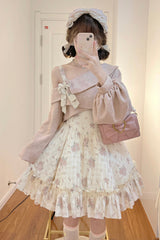 Pink Oblique Shoulder Print Ruffle Bowknot Lace Sweet Lolita Jsk Dress Set - Pink - 1