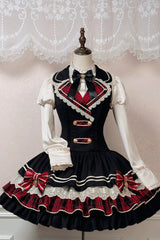Black [Honor Guard Gala] V Collar Multi-Layered Printed Ruffled Bow Classic Gothic College Style Lolita Jsk Dress - Product - 4
