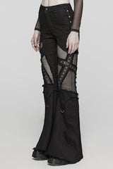 Black Mesh Women's Punk Eyelet Ring Flared Pants - Product - 2