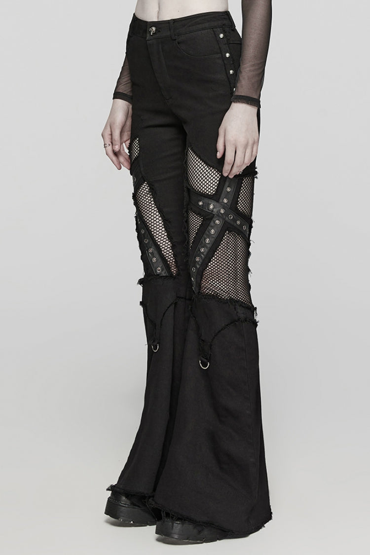 Black Mesh Women's Punk Eyelet Ring Flared Pants - Product - 2